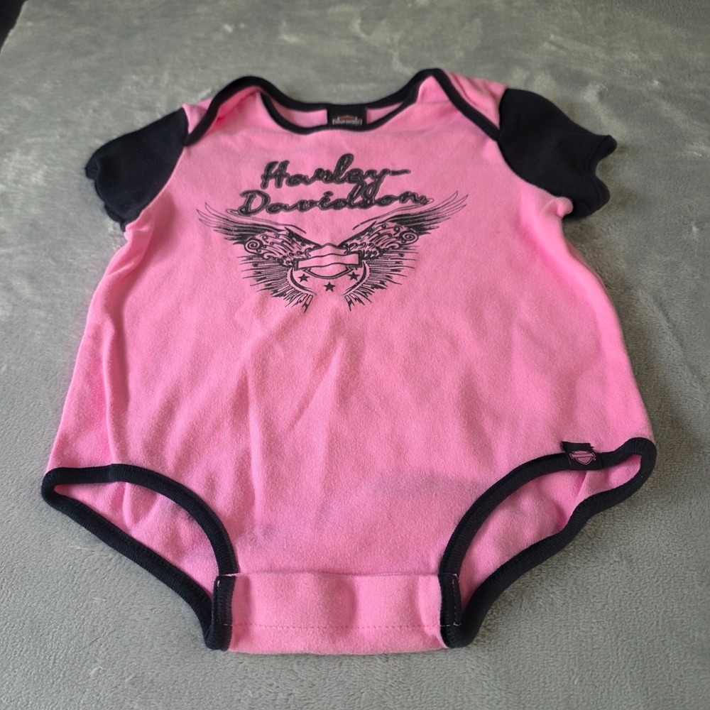 Harley Davidson Baby One Piece 18M Pink Black Winged Logo Bodysuit Infant Girl